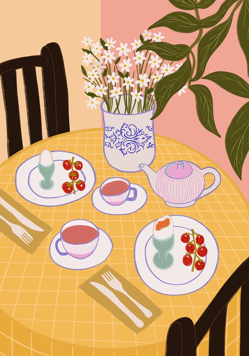 A warm still life of tea, fruits, and flowers on a sunny yellow tablecloth. Ideal for dining rooms, breakfast nooks, or charming café-style spaces!