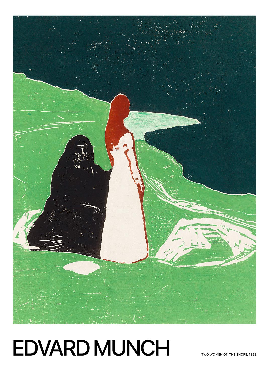 A print of Two Women on the Shore by Edvard Munch, featuring two female figures on a green shoreline with a dark sky, symbolic and moody in tone.