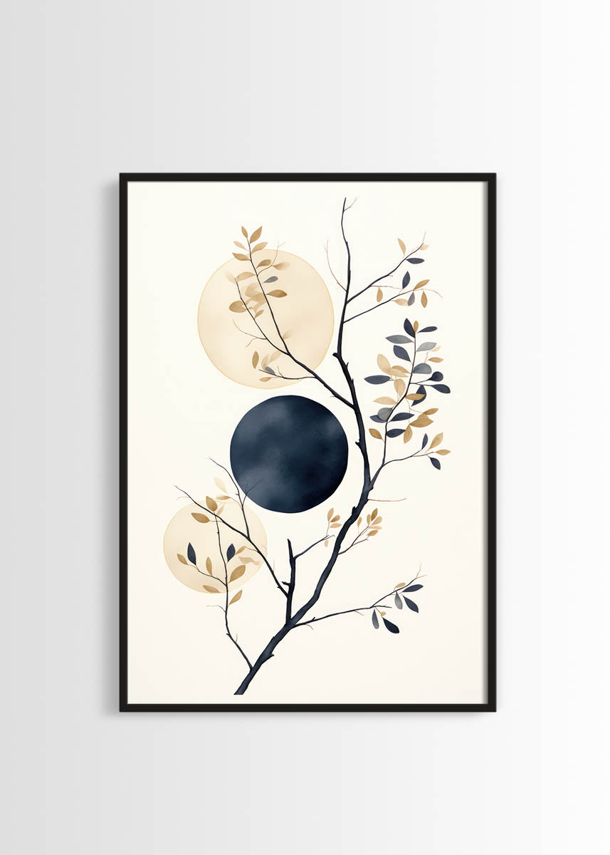 Illustration of a tree branch with leaves juxtaposed against beige and navy moonlit circles on a white background.