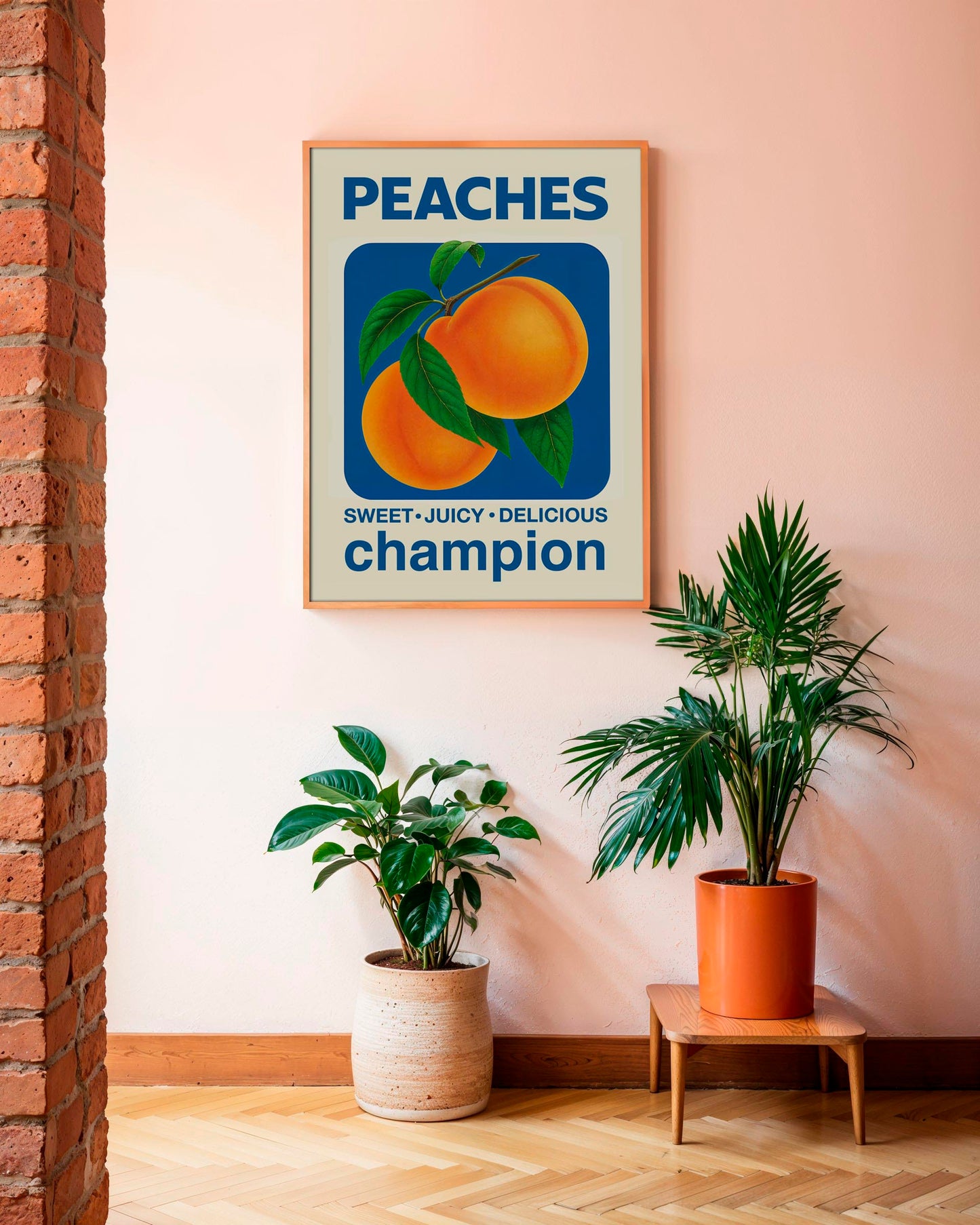 Vintage-style poster featuring two ripe peaches with green leaves on a blue background. Bold text reads "PEACHES" at the top and "SWEET • JUICY • DELICIOUS champion" at the bottom.