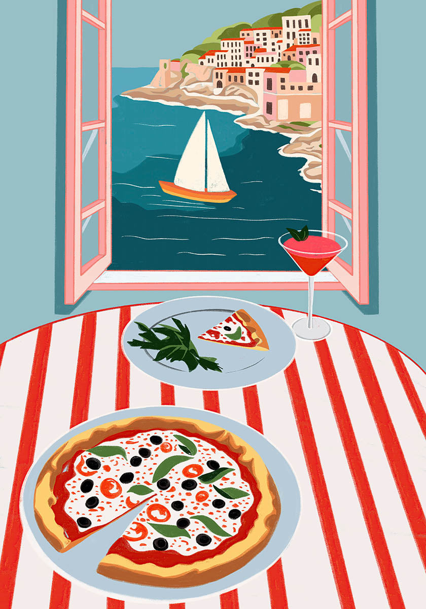 A charming coastal scene with pizza, cocktails, and a dreamy ocean view. Perfect for kitchens, dining spaces, or adding a Mediterranean vibe to any room!