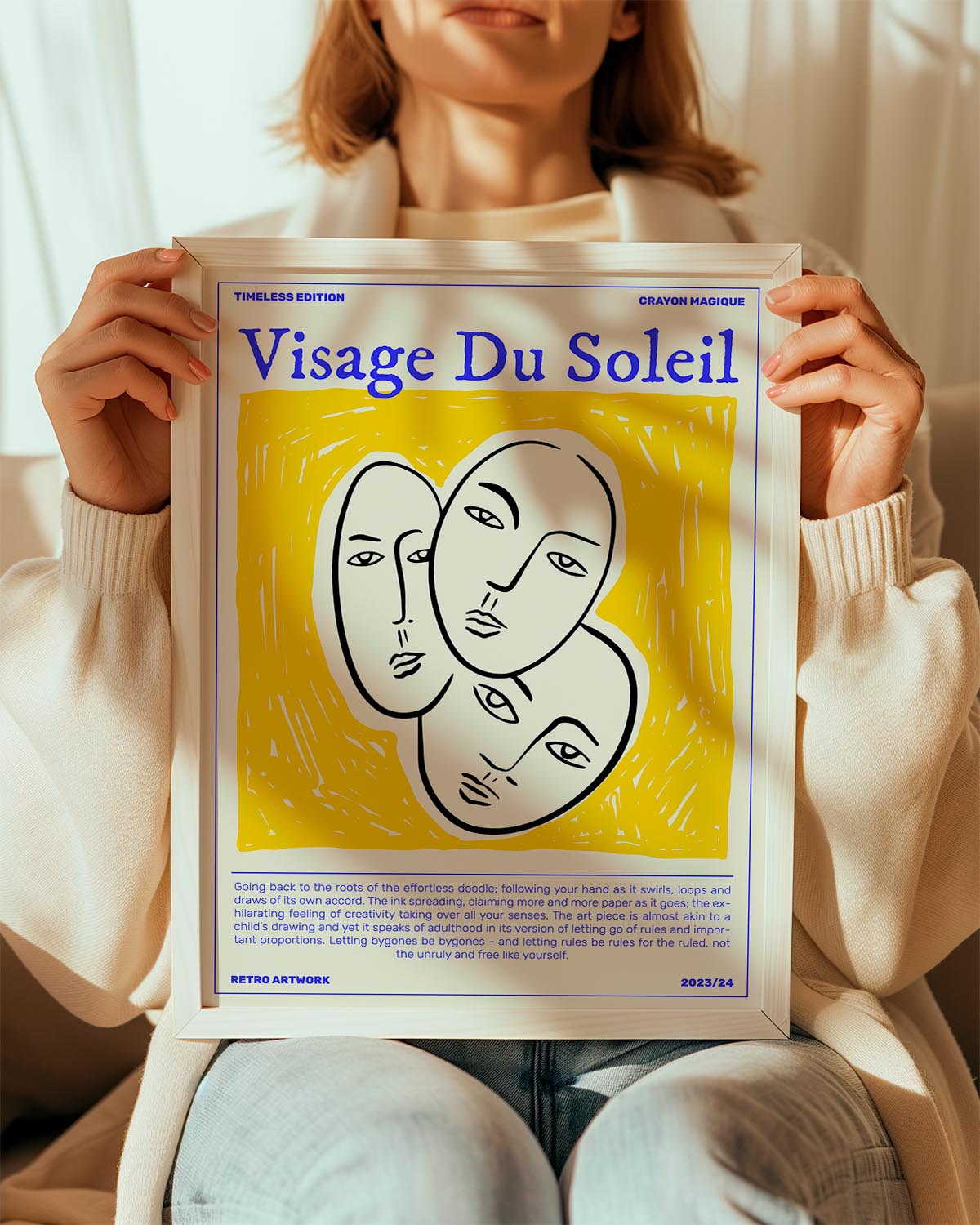 Poster titled "Visage Du Soleil" featuring three abstract faces in black outlines against a bright yellow background, evoking a playful and creative vibe.