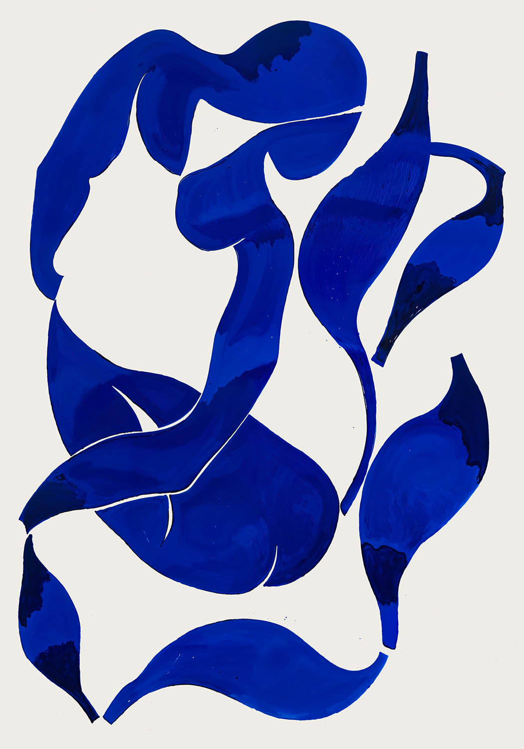 Abstract poster with fluid, curvy shapes in deep blue against a light background.