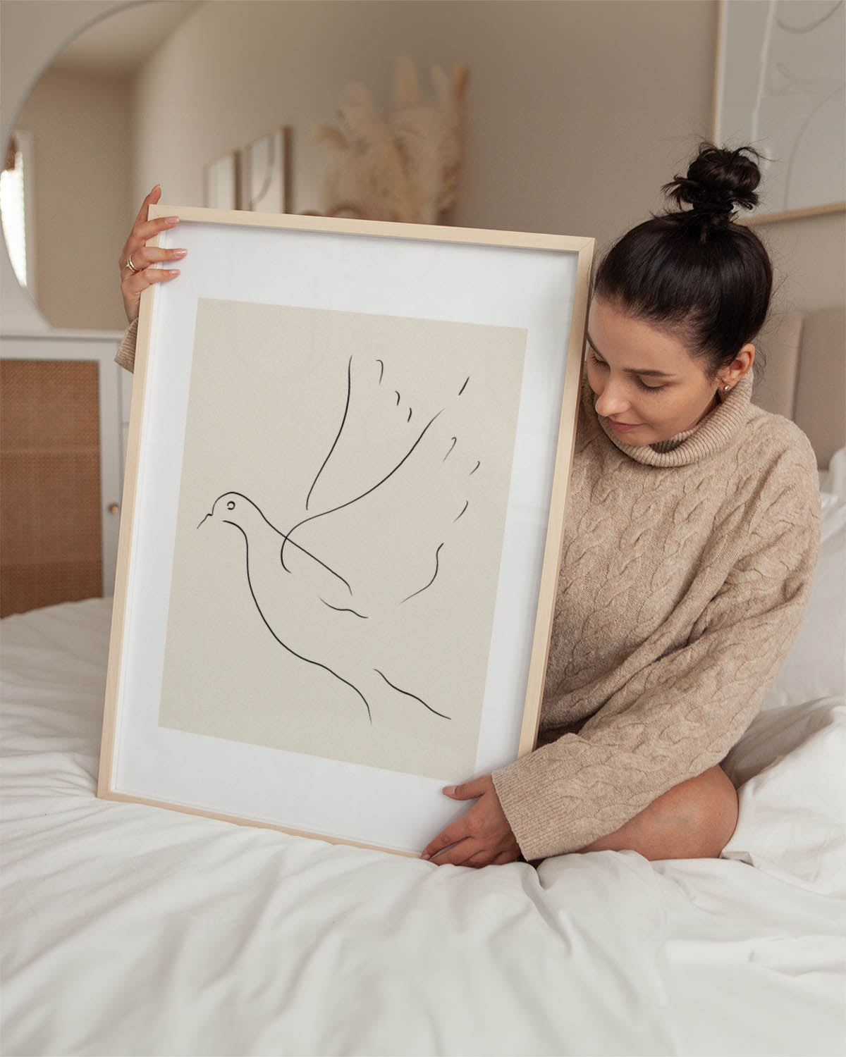 Minimalist line drawing of a dove in flight on a neutral background poster.