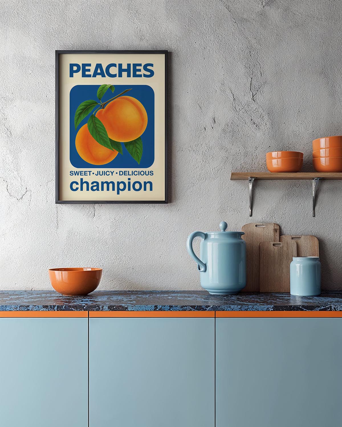 Vintage-style poster featuring two ripe peaches with green leaves on a blue background. Bold text reads "PEACHES" at the top and "SWEET • JUICY • DELICIOUS champion" at the bottom.