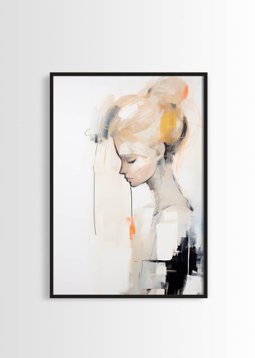 Abstract art portrait of a woman with expressive brushstrokes in hues of beige, orange, and black, capturing a blend of realism and abstraction.