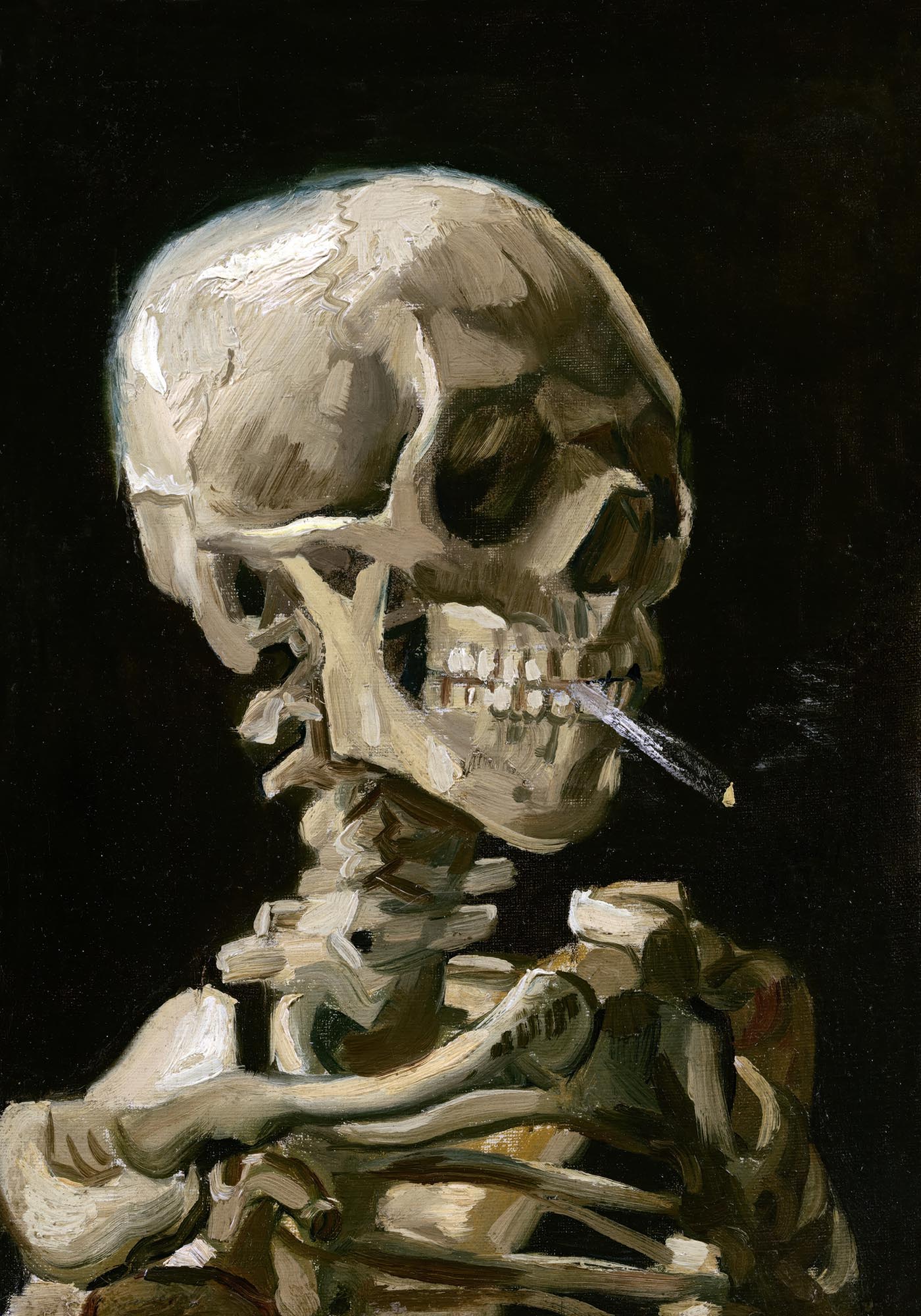 Painting of a skeleton smoking a cigarette, set against a dark background; a satirical artwork by Vincent van Gogh.