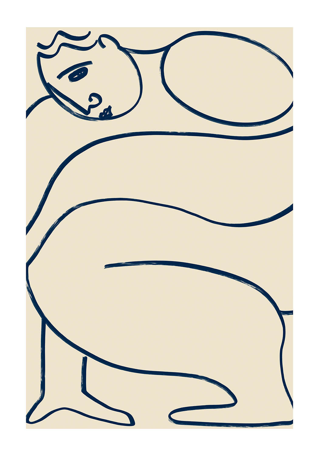 Abstract poster with bold, fluid blue lines forming a contemplative human figure on a neutral background.