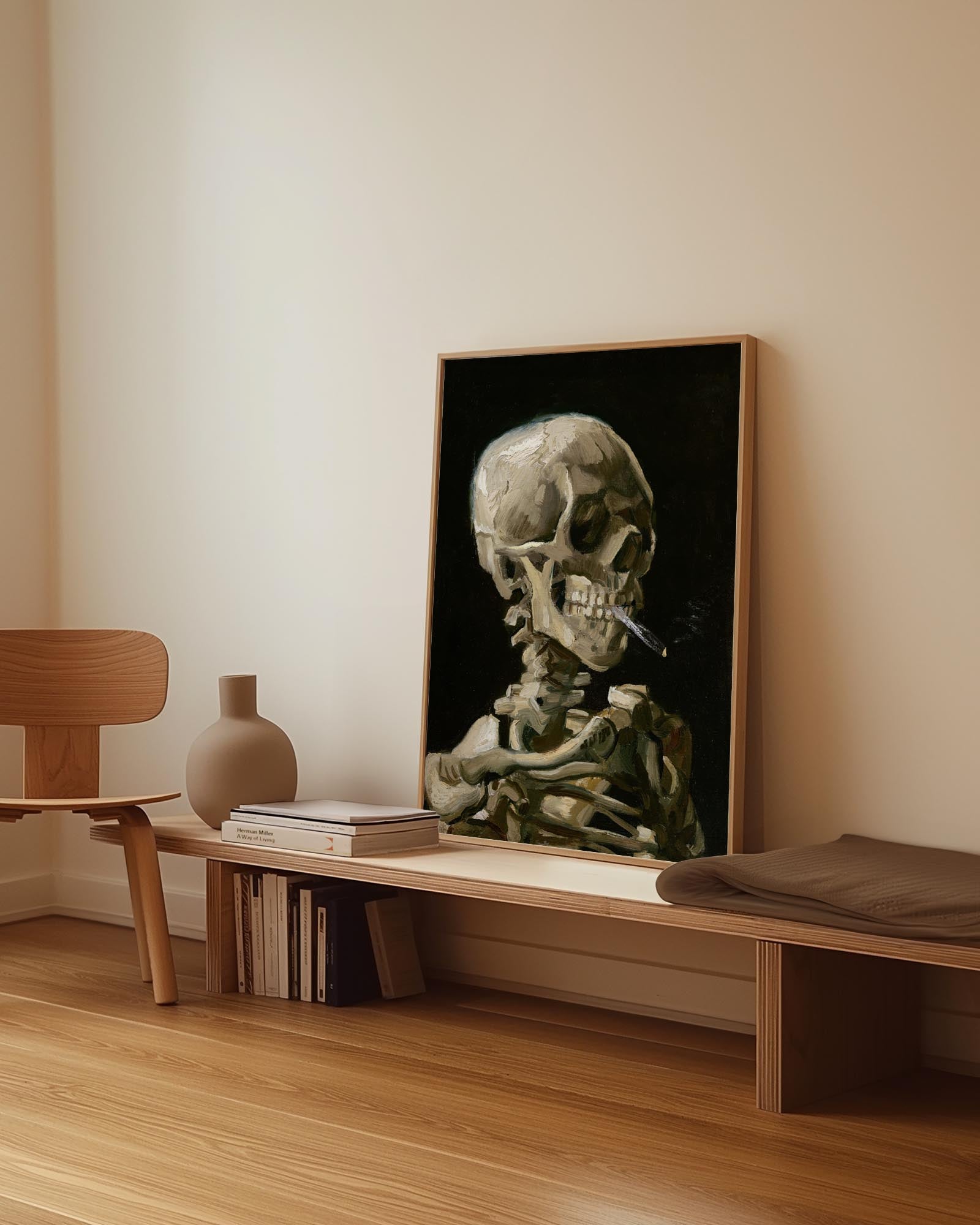 Painting of a skeleton smoking a cigarette, set against a dark background; a satirical artwork by Vincent van Gogh.