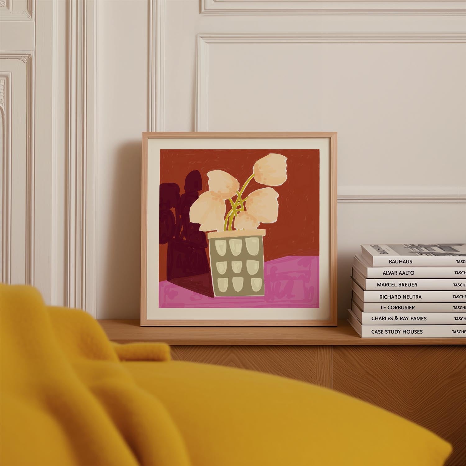 An abstract painting of pale flowers in a textured geometric vase, rich in warm browns and purples, evoking a modern and serene vibe.