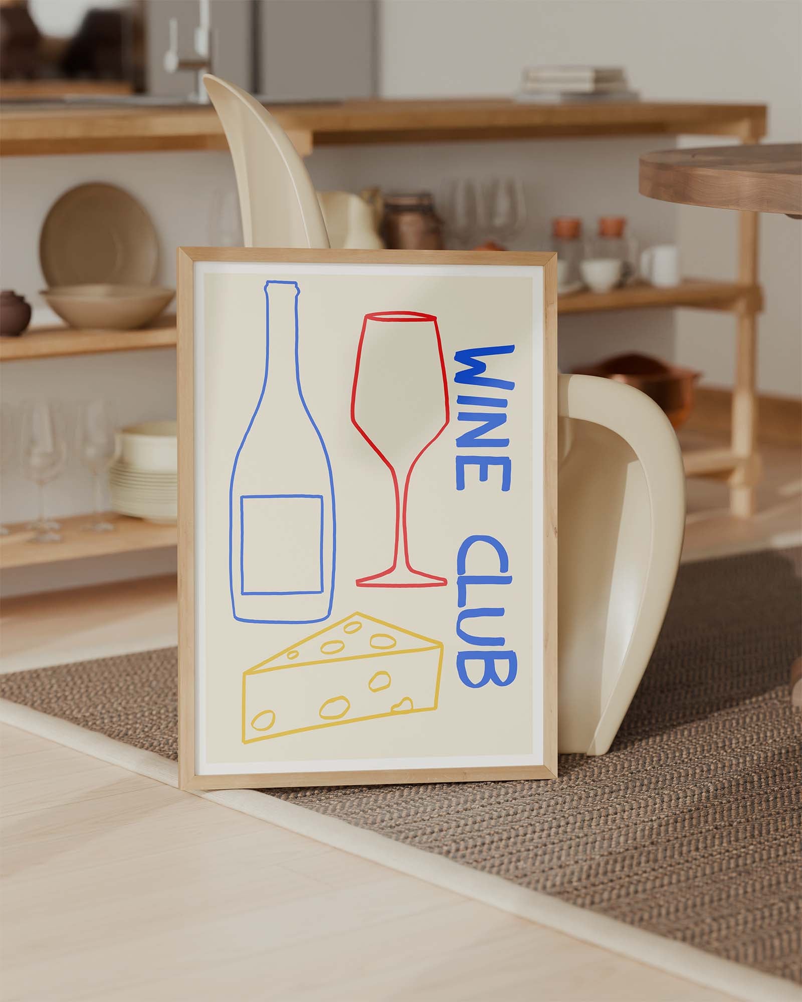 Playful wine poster with red, blue, and yellow line drawings of a wine glass, bottle, and cheese, with the words “Wine Club” written vertically.