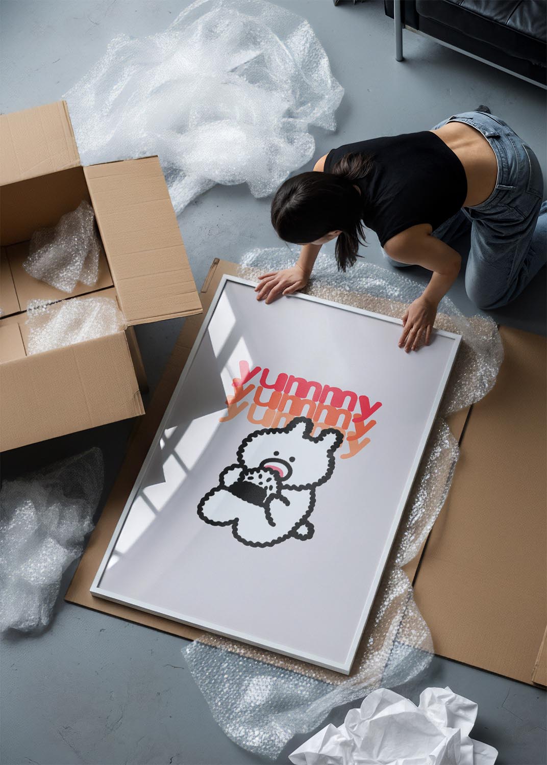 Cute cartoon bunny eating sushi with the word "yummy" repeated above in bold red and orange letters.