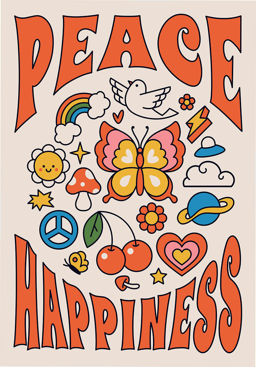 Peace Happiness retro illustration poster. Shop posters online
