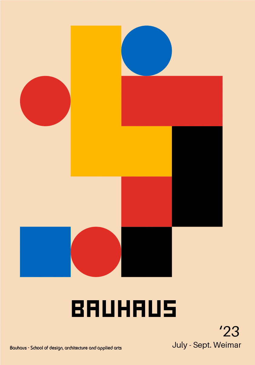 Bauhaus-inspired poster with geometric shapes in red, blue, yellow, and black on a neutral background.