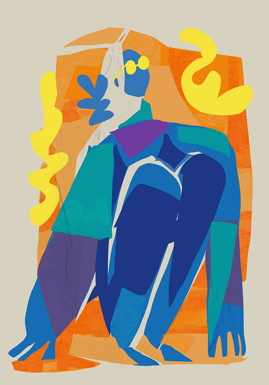 Abstract art poster with vibrant cutout shapes in blue, green, yellow, and orange, depicting a stylized figure in a dynamic pose against a muted background, perfect for modern home decor.