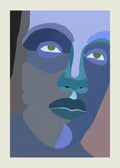 Abstract portrait of a face in cool blue, purple, and grey tones with stylized features and green eyes, in a modern cubist-inspired style.