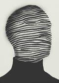 Black and white abstract portrait poster with a faceless figure covered in flowing horizontal lines.
