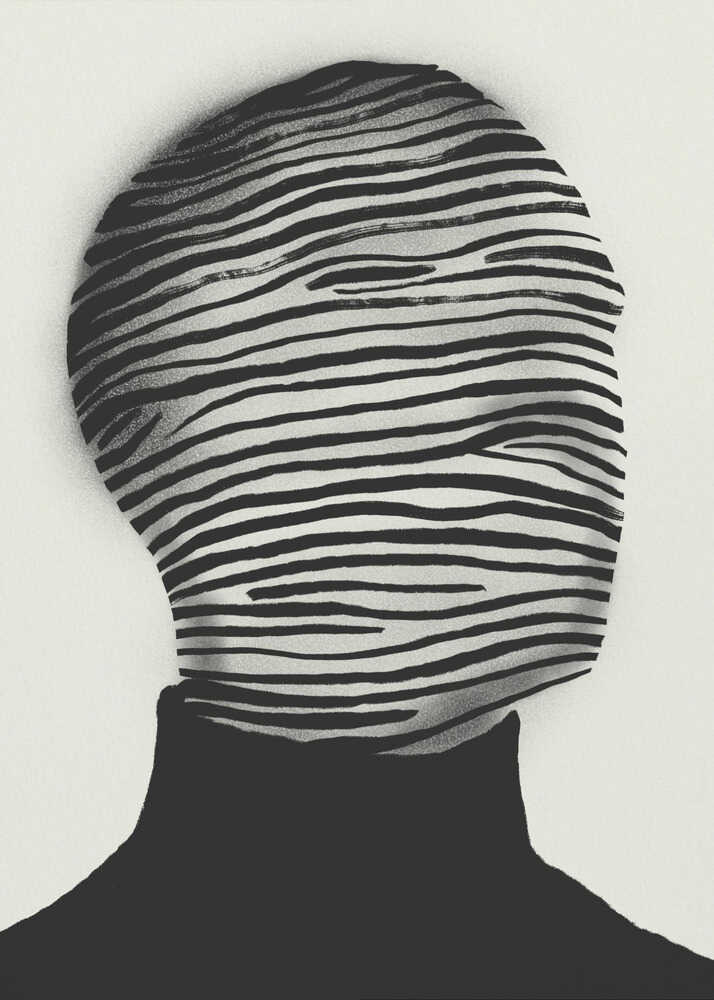 Black and white abstract portrait poster with a faceless figure covered in flowing horizontal lines.
