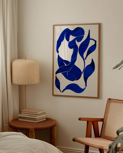 Abstract poster with fluid, curvy shapes in deep blue against a light background.