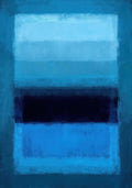 Abstract poster with layered blue tones and a dark horizontal stripe.
