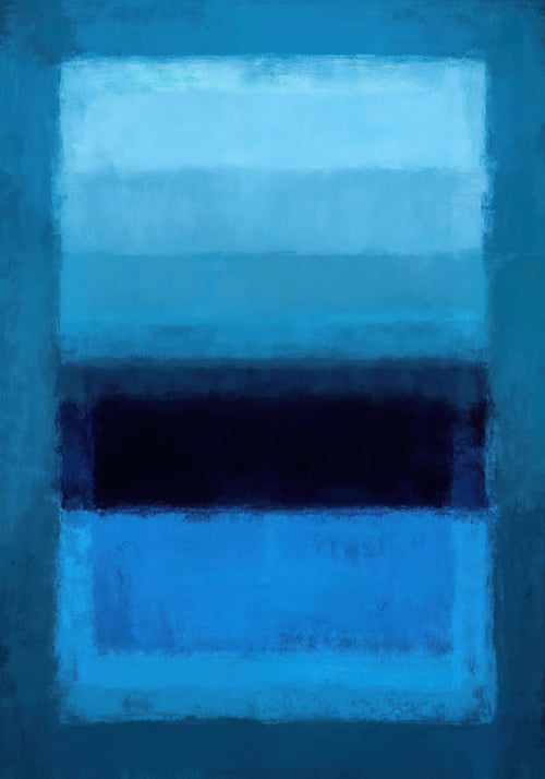 Abstract poster with layered blue tones and a dark horizontal stripe.
