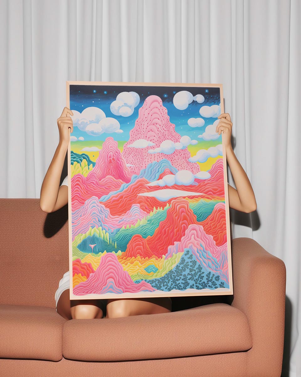 Colorful poster titled 'Acid Waves' featuring surreal, wavy landscapes in shades of pink, red, blue, yellow, and green under a sky transitioning from day to night with fluffy clouds.