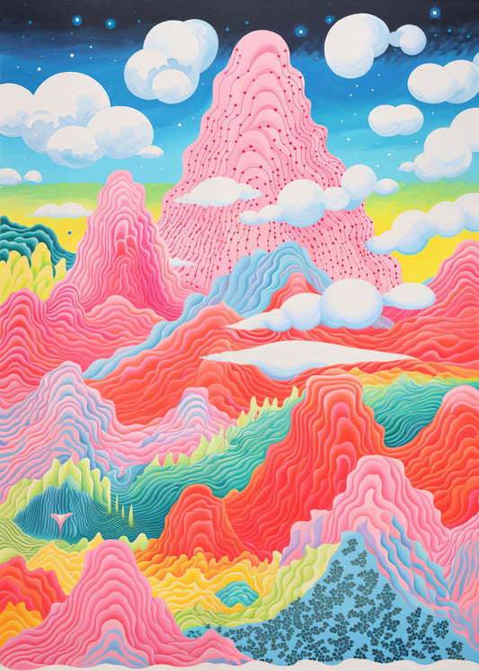 Acid Waves（酸の波）」と題されたカラフルなポスターは、ふわふわとした雲に覆われた昼から夜へと移り変わる空の下、ピンク、赤、青、黄色、緑といった色合いのシュールで波打つような風景が描かれている。