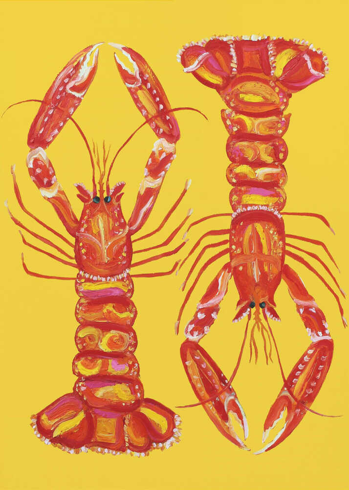 A vibrant, textured painting of two bright red and orange lobsters positioned vertically on a solid sunny yellow background. The art style is thick and painterly, showing visible brushstrokes and highlights of pink and white on the lobsters' shells. The lobster on the left is upright, while the one on the right is inverted, creating a symmetrical balance.