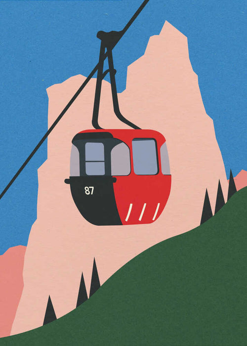 A minimalist graphic art print of a red and black cable car numbered 87 suspended from a black cable. The gondola is positioned in the foreground against a background of sharp-edged, pale pink mountain peaks, a dark green pine-covered slope, and a solid blue sky, all rendered in a flat-color geometric style with a subtle paper texture.