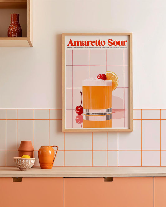 Poster featuring a glass of Amaretto Sour cocktail with frothy egg white, garnished with a cherry and orange slice, set against a pink-tiled background. Bold orange "Amaretto Sour" title at the top with an ingredients list below.