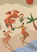 Illustration "Dancing Tigers" by Arty Guava, showing two women in swimwear dancing joyfully on a sandy beach while a large tiger leaps playfully in the air above them, framed by a palm tree and a red sun.