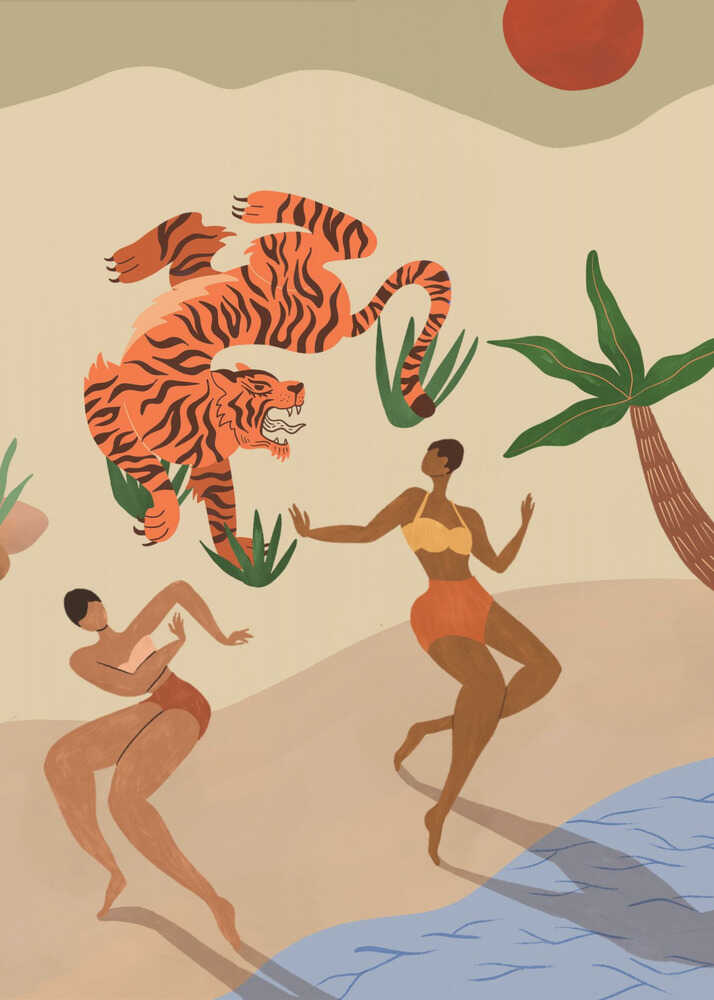 Illustration "Dancing Tigers" by Arty Guava, showing two women in swimwear dancing joyfully on a sandy beach while a large tiger leaps playfully in the air above them, framed by a palm tree and a red sun.