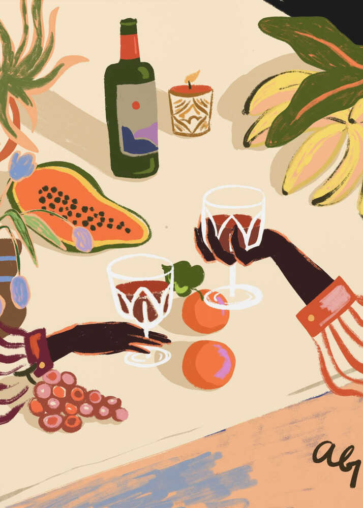 Illustration "Cheers to You" by Arty Guava, showing two hands toasting with red wine glasses over a table set with papaya, bananas, grapes, a wine bottle, and a lit candle.