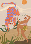 Illustration "Dance With Me" by Arty Guava, depicting a woman in patterned clothing dancing joyfully opposite a large, stylized orange and blue tiger against a beige landscape with a sun.