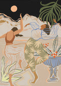 Illustration of two women dancing barefoot under a peach-colored full moon, set against a desert mountain backdrop with tropical plants and abstract details.