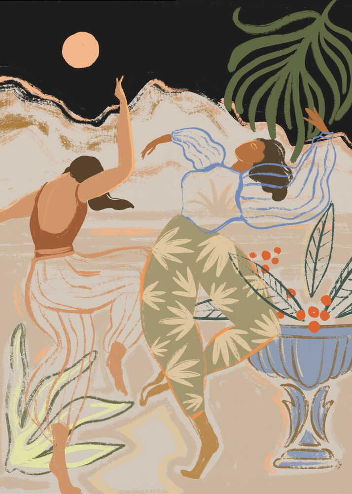Illustration of two women dancing barefoot under a peach-colored full moon, set against a desert mountain backdrop with tropical plants and abstract details.