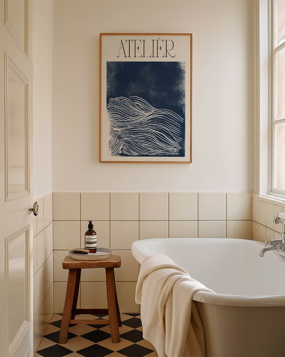A minimalist poster titled 'ATELIER' with white linear patterns creating abstract waves on a textured deep blue background, ideal for modern and sophisticated interior decor.