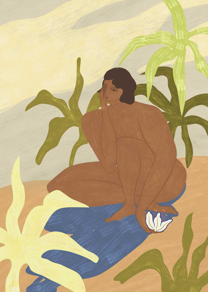 Aunaturel by Arty Guava, featuring a seated nude woman surrounded by tropical plants in warm earthy tones