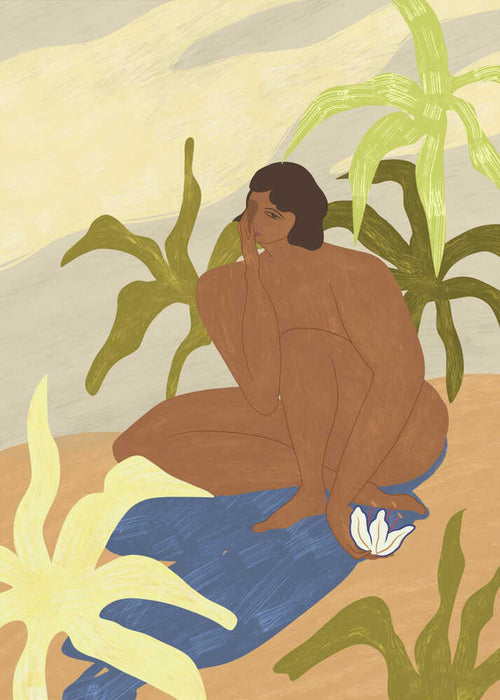Aunaturel by Arty Guava, featuring a seated nude woman surrounded by tropical plants in warm earthy tones