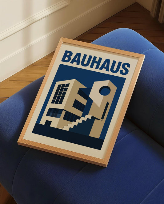 Minimalist Bauhaus poster with geometric architecture design in beige and blue tones, perfect for modern interiors, creative studios, and industrial-style spaces.