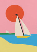 A minimalist graphic art print of a sailboat on the Baltic Sea. The illustration features a yellow boat with white sails on blue water, a sandy yellow beach in the foreground, and a large orange sun in a pink sky. A green coastline with simple white building silhouettes is visible in the distance, all rendered in a flat-color geometric style.