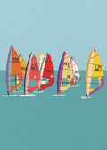 A minimalist graphic art print of multiple windsurfers on the Baltic Sea. The illustration shows a group of windsurfing sails with various colorful geometric patterns in shades of red, yellow, orange, pink, and purple. They are set against a turquoise sea and a light blue sky, rendered in a flat-color style with a subtle paper texture.