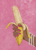 A digital illustration of a dark-skinned hand with pink fingernails holding a partially peeled yellow banana against a textured pink background. The wrist is adorned with three white bangles. The style is grainy and modern.