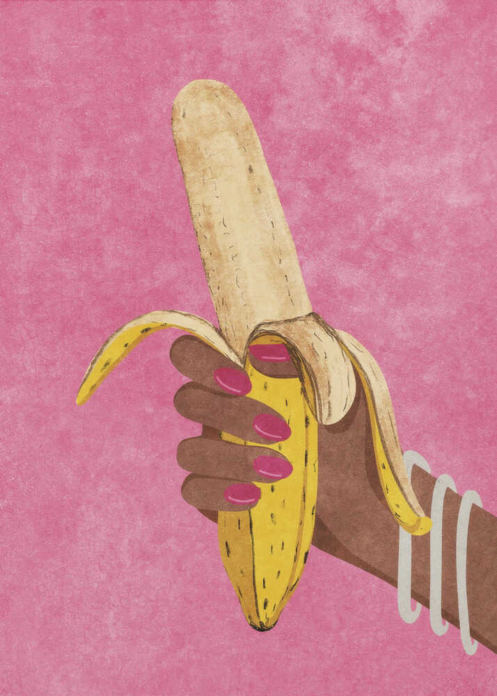 A digital illustration of a dark-skinned hand with pink fingernails holding a partially peeled yellow banana against a textured pink background. The wrist is adorned with three white bangles. The style is grainy and modern.