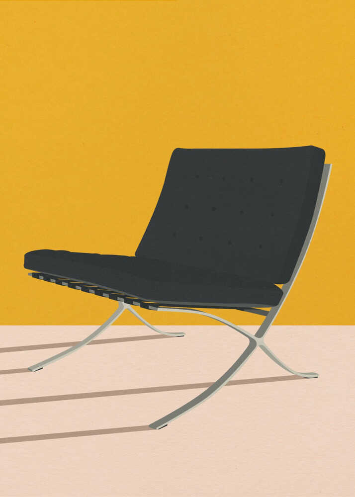 Illustration of a modern black Barcelona chair with metal legs, set against a bold yellow background and light pink floor in a minimalist art style.