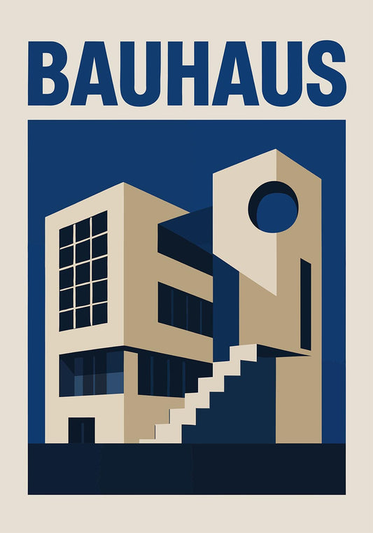 Minimalist Bauhaus poster with geometric architecture design in beige and blue tones, perfect for modern interiors, creative studios, and industrial-style spaces.