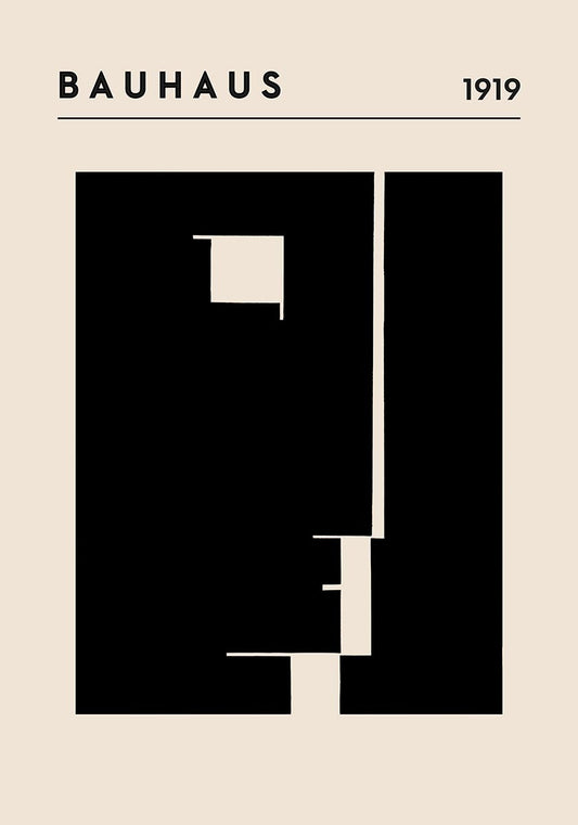 1919年のバウハウスのロゴをモダンに再解釈したもので、ベージュを背景に幾何学的な形とすっきりとしたラインで構成されたミニマルな白黒デザインが、クラシックとコンテンポラリーの美学の融合を表現している。