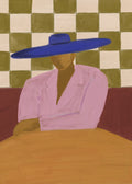 Blue Hat Chic by The Art Concept, featuring a seated figure in a cobalt-blue hat and pink blazer against an olive-green and cream checkerboard.