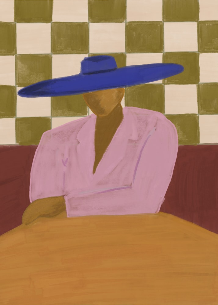 Blue Hat Chic by The Art Concept, featuring a seated figure in a cobalt-blue hat and pink blazer against an olive-green and cream checkerboard.