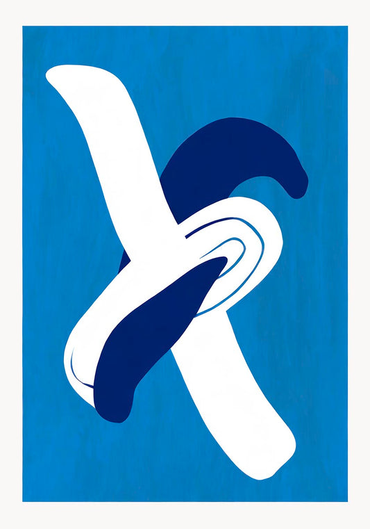 青地に青と白の大胆な図形が絡み合う「アブストラクト・ブルーII」のポスター